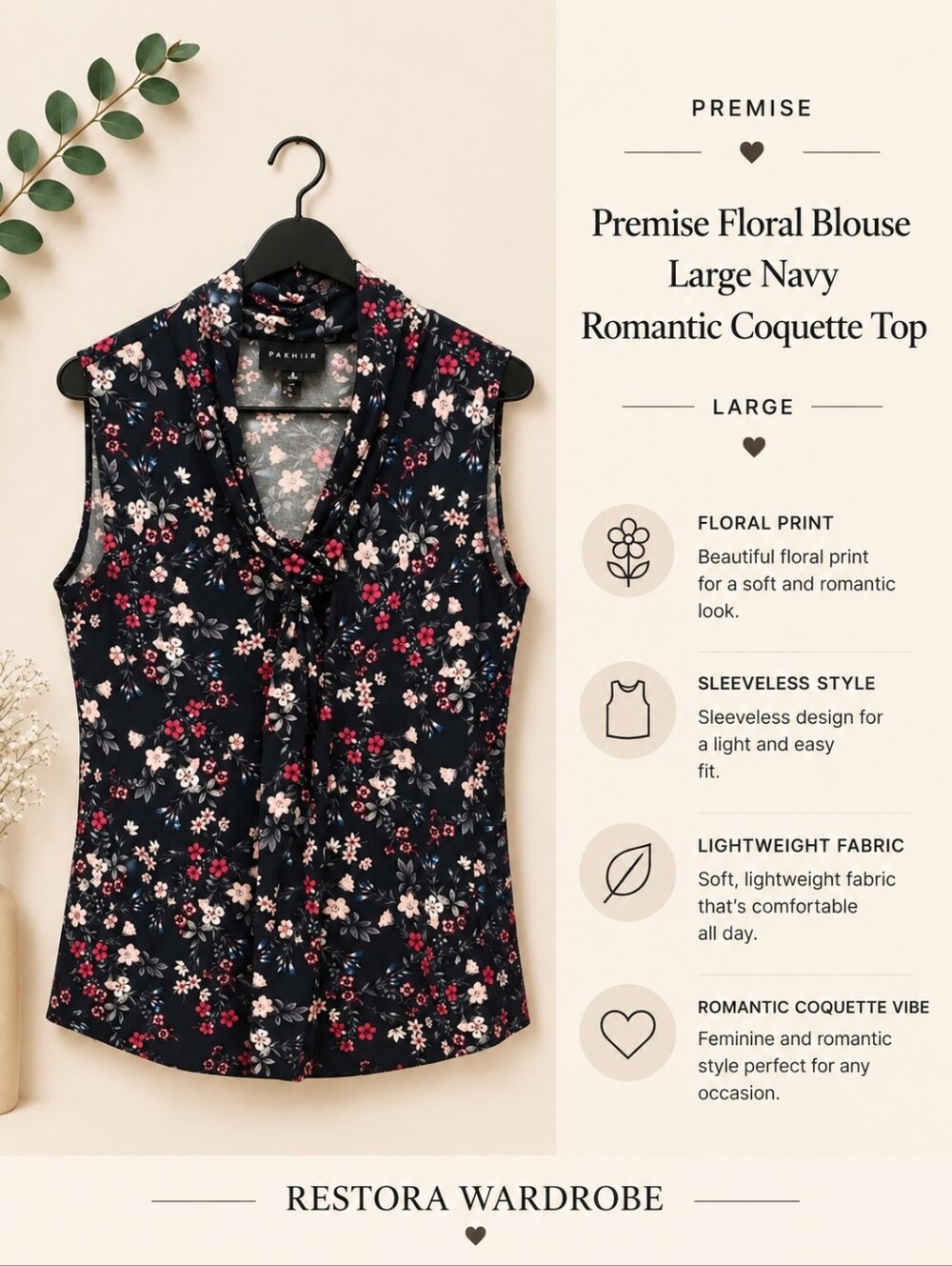 Premise Blouse Black Floral Sleeveless Ruched Neck Size L Romantic